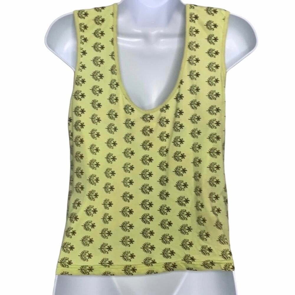 Retro Free People Boho Dual Flower Design Green Brown Scoop Neck‎ Tank Top Large - Picture 2 of 8